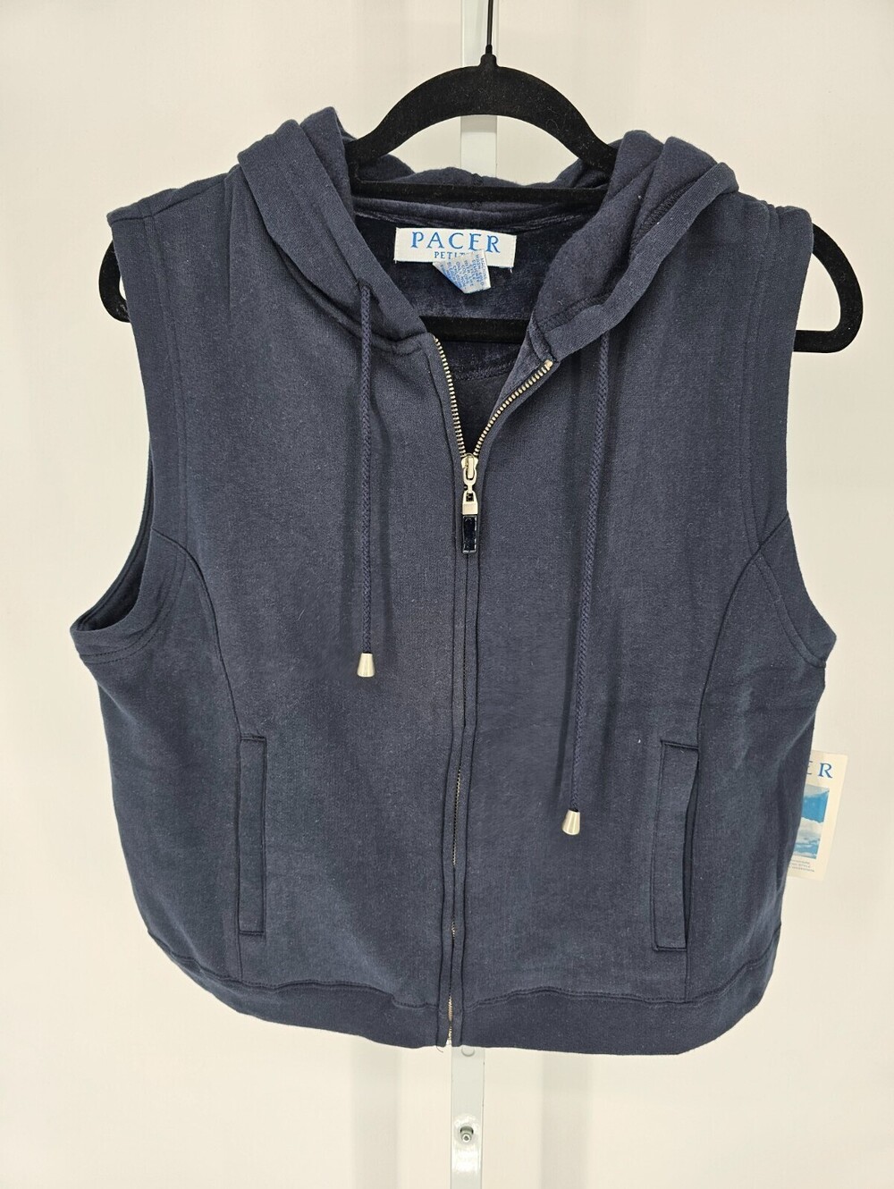 Pacer Womens Sz PL Petite Zip Up Fuzzy Vest Navy Blue Hooded NEW - Picture 1 of 4